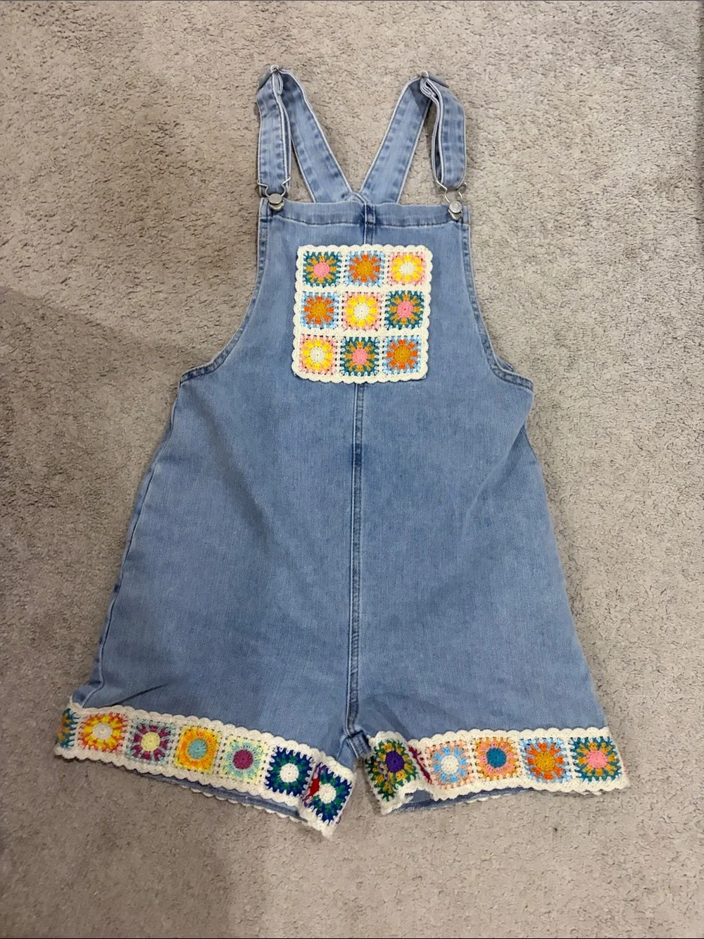 Tractr Light Blue Denim Crochet Accent Short Overalls